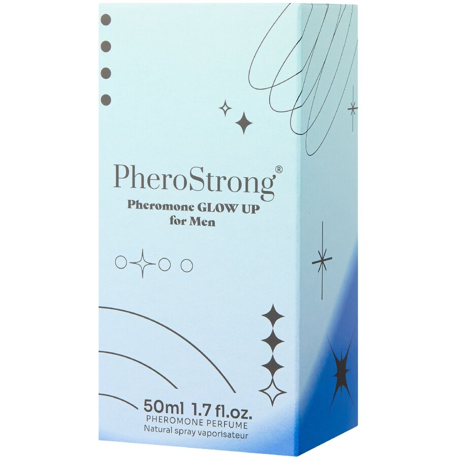PHEROSTRONG Perfume de Feromônios Glow Up Masculino 50ml, embalagem e frasco do produto.