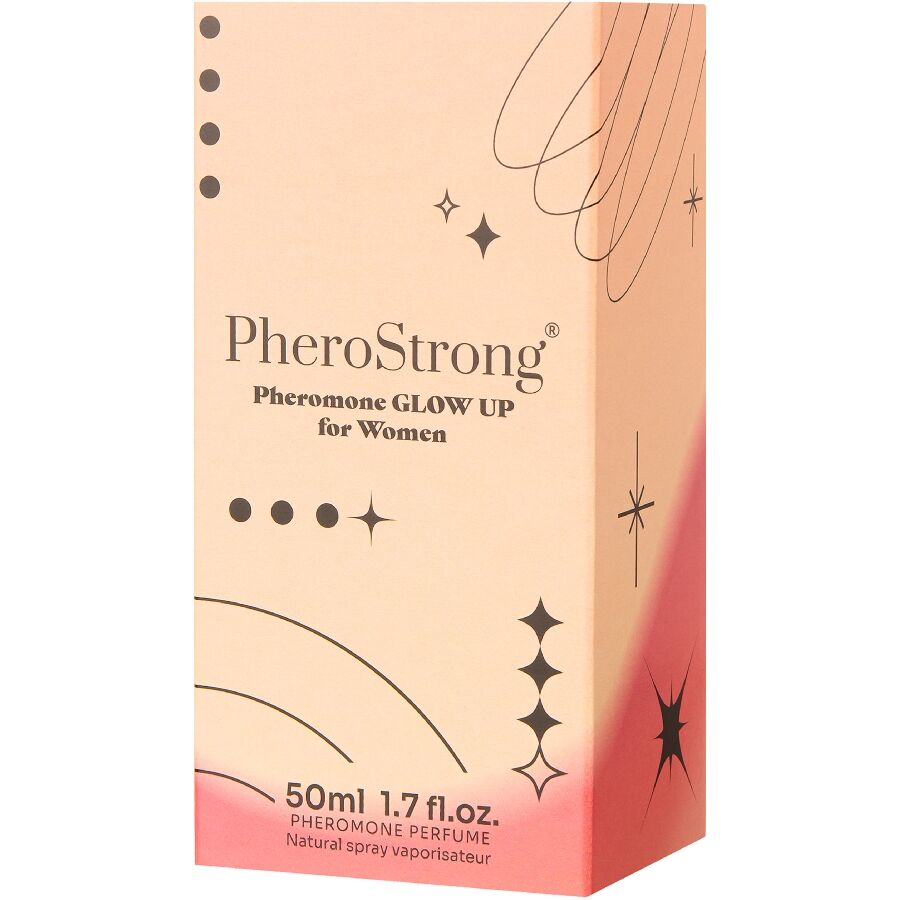 Frasco de PheroStrong Perfume de Feromônios Glow Up para Mulheres 50 ML, exibindo o design do produto.