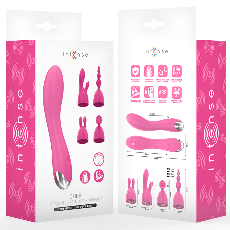 Vibrador Intense Cher com 4 cabeças intercambiáveis e 20 modos de vibração para prazer personalizado.