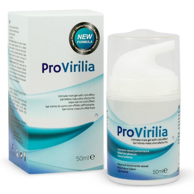 Embalagem do 500 COSMETICS Provirilia Gel Íntimo Masculino Efeito Frio 50ml, destacando a marca e o produto para desempenho sexual.
