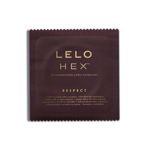 Close-up dos LELO Preservativos HEX Respect XL 12 Pack, mostrando a embalagem e o design hexagonal.