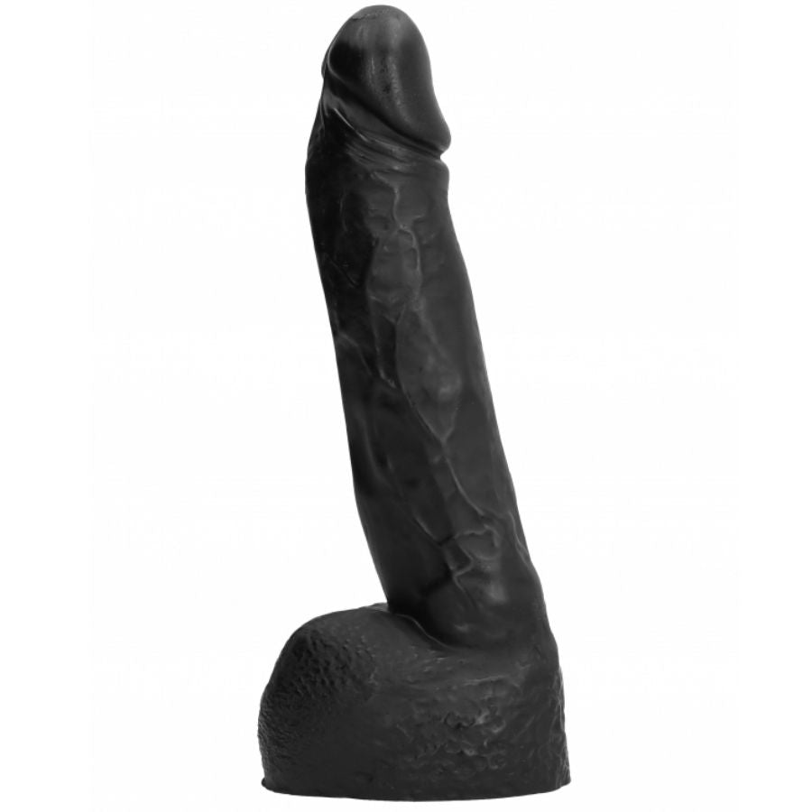 Close-up of the ALL BLACK DILDO Realista 20 CM, showcasing its realistic texture and ergonomic design.