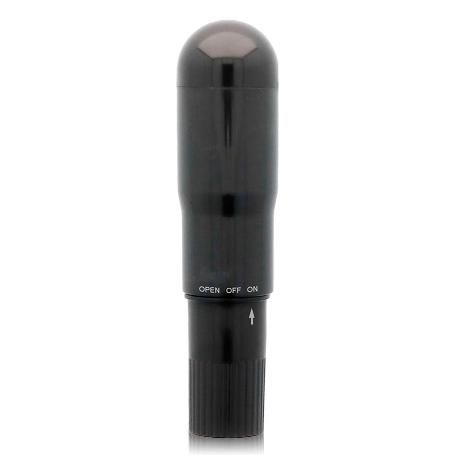 Close-up do GLOSSY Vibrador de Bolso Preto, destacando seu design compacto e elegante.