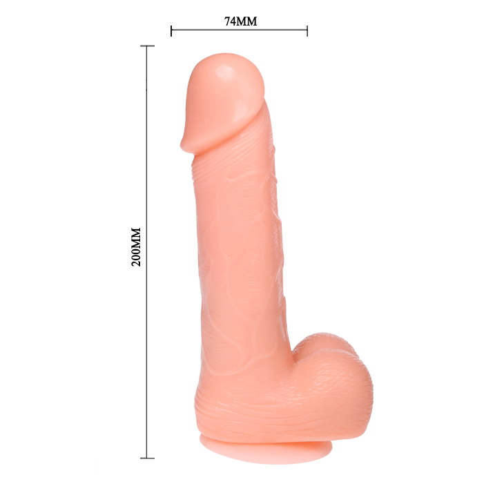 Vibrador Dildo Realista BAILE com vibração e rotação, mostrando detalhes da textura e ventosa.