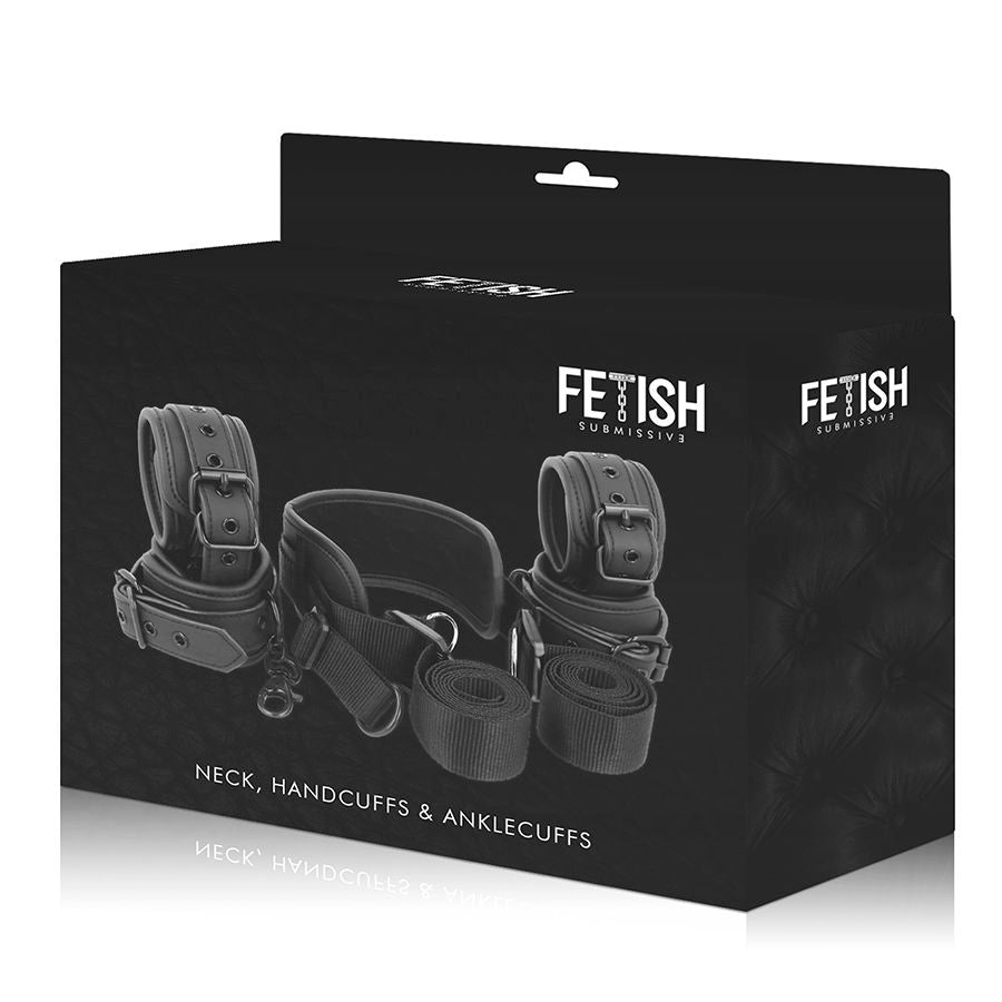 Conjunto Posição Mestre FETISH SUBMISSIVE com 4 algemas e arnês de neoprene e couro vegano.