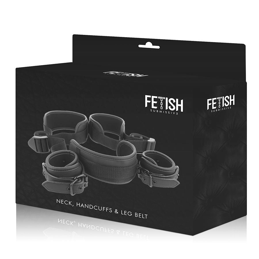 Conjunto Fetish Submissive de restrições de pernas abertas com algemas de neoprene e arnês de pescoço para BDSM.