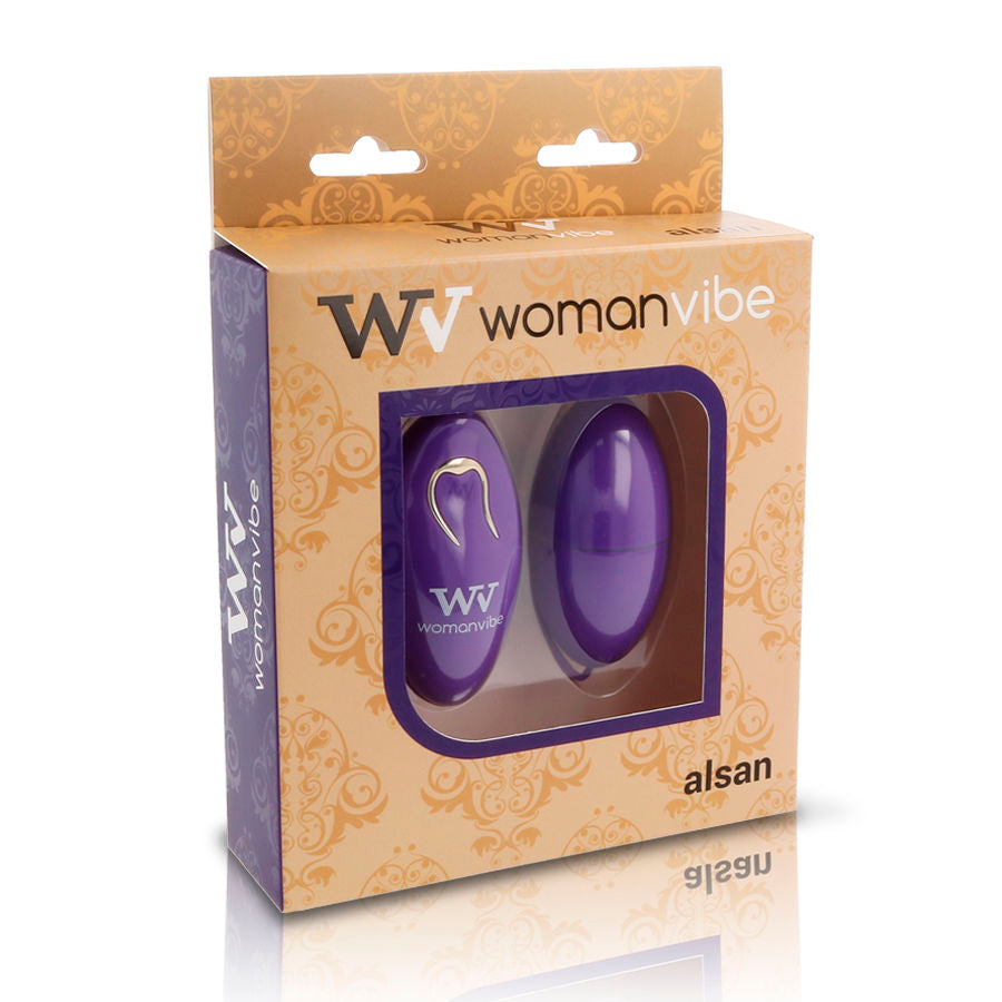 Ovo vibratório Womanvibe Alsan com controle remoto em silicone roxo.