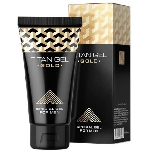 TITAN GEL Gel para Aumento Peniano Ouro 50ml, embalagem e detalhes do produto.