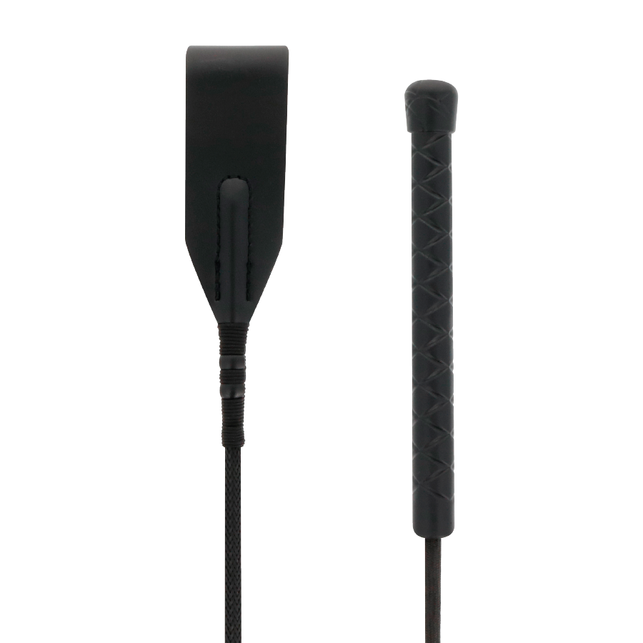 Chicote de Couro Darkness 45cm para BDSM, com foco na ponta de couro e no cabo de alta qualidade.