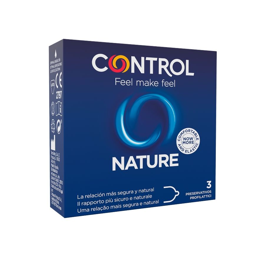 CONTROL Preservativos Adapta Nature 54mm - 3 Unidades, embalagem e detalhes do produto