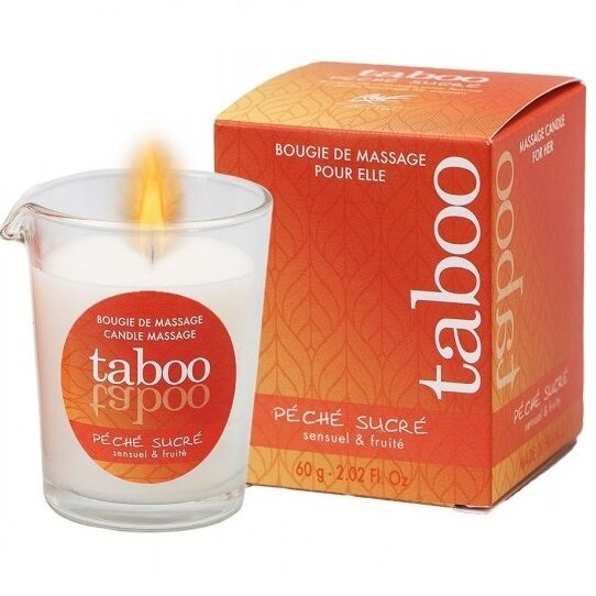 Vela de Massagem RUF Taboo 60g com aroma de nectarina e pêssego doce, ideal para massagens sensuais e relaxantes.