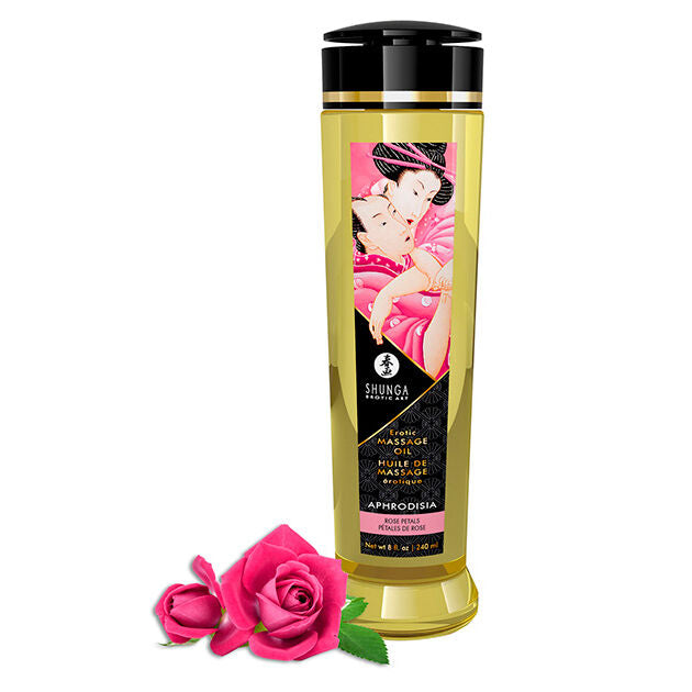 Frasco de SHUNGA Óleo de Massagem Erótica Afrodisíaco 240ml com rótulo detalhado e textura do óleo.