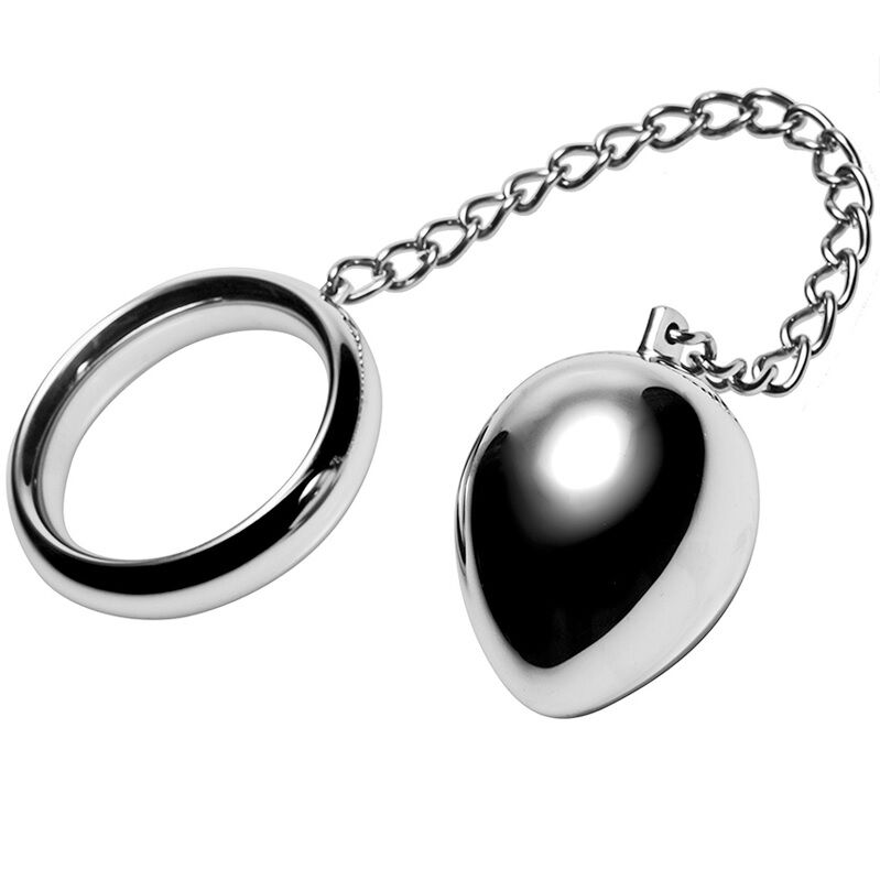 Anel peniano METAL HARD 50MM de aço inoxidável com corrente e bola anal, detalhando seu design e material.