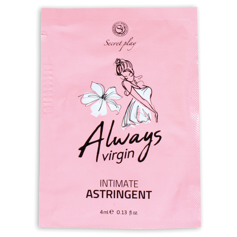Embalagem do SECRETPLAY Adstringente Íntimo Sempre Virgem Dose Única 4ML, destacando o design discreto e a informação do produto.