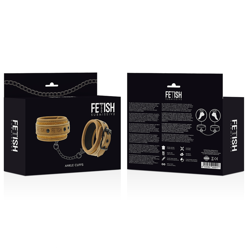 Close-up das algemas de tornozelo FETISH SUBMISSIVE em couro vegano com forro de neoprene.