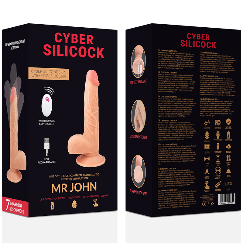 Close-up of the MR JOHN CYBER SILICOCK Dildo Realista com Controle Remoto 23.88cm, showcasing its realistic texture and flexible design.