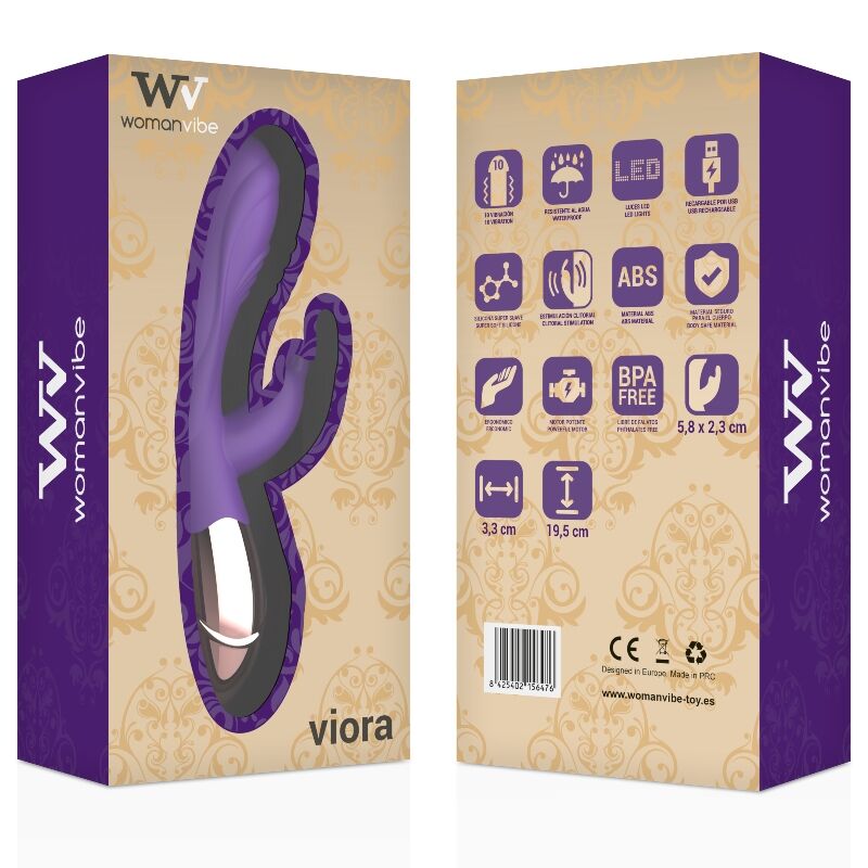 Close-up do vibrador coelho WOMANVIBE Viora de silicone recarregável, mostrando o design curvo para Ponto G e o estimulador de clítoris.