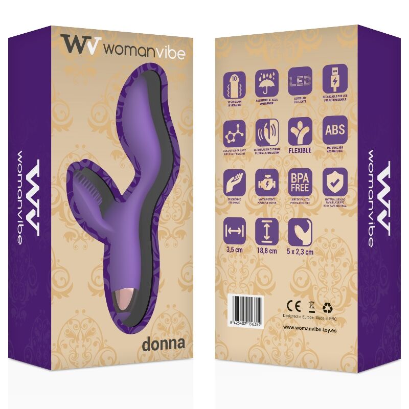 Vibrador de silicone recarregável WOMANVIBE Donna duplo motor, em lilás e dourado.