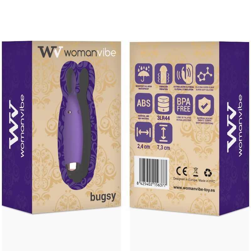 Close-up do WOMANVIBE Vibrador Bugsy, um estimulador clitoriano de silicone em formato de coelho.
