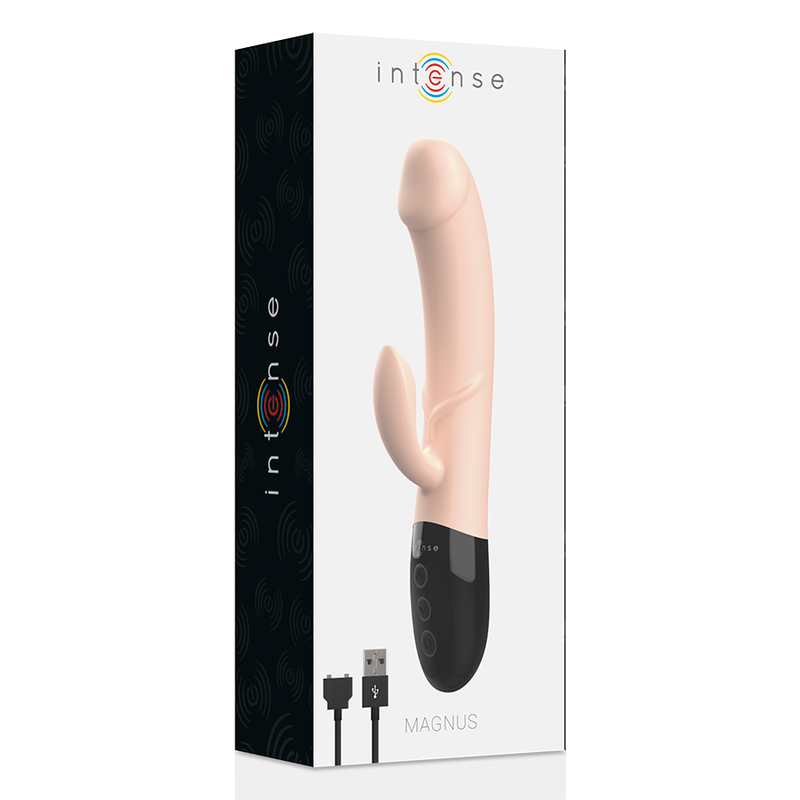 Vibrador recarregável Intense Magnus Dual na cor natural, mostrando o design ergonómico e as estrias para estimulação.