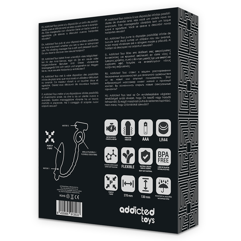 Close-up of the ADDICTED TOYS Vibrating Anal Plug with Penile Ring, showing its silicone texture and features.