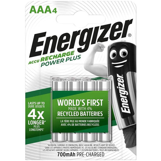 Blister de 4 pilhas recarregáveis Energizer AAA Power Plus.