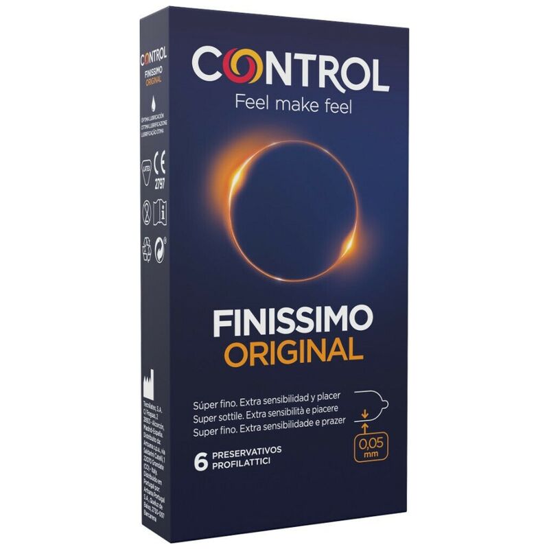 Embalagem de Preservativos CONTROL Finíssimo Original com 6 unidades, destacando a sua finura e o logo da marca.