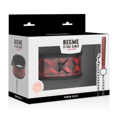 Detalhe do Colar BEGME de Couro Vegano Premium Red Edition com Forro de Neoprene, mostrando a textura e os anéis metálicos.