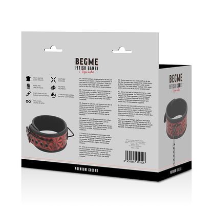 Detalhe do Colar BEGME de Couro Vegano Premium Red Edition com Forro de Neoprene, mostrando a textura e os anéis metálicos.