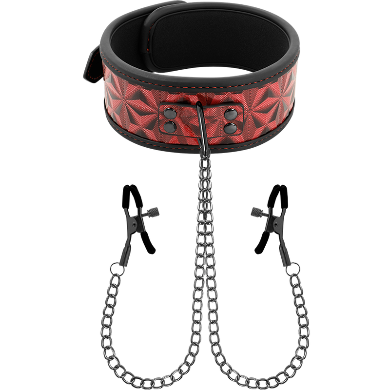 Close-up do Conjunto Bondage BEGME com Colar Vermelho, Braçadeiras e Pinças para Mamilos