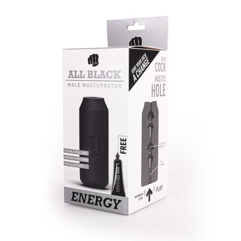 Masturbador ALL BLACK Energy com design de lata de bebida, mostrando o exterior e o interior texturizado para estimulação masculina.