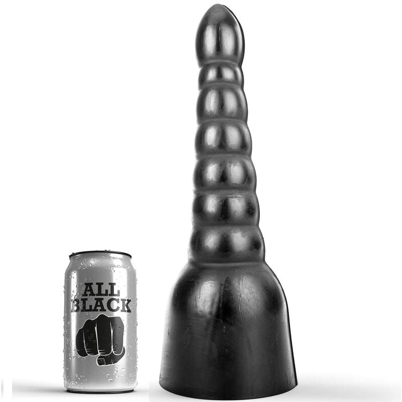 Dildo ALL BLACK Texturizado 34 CM em fundo preto, destacando suas ranhuras para estimulação.