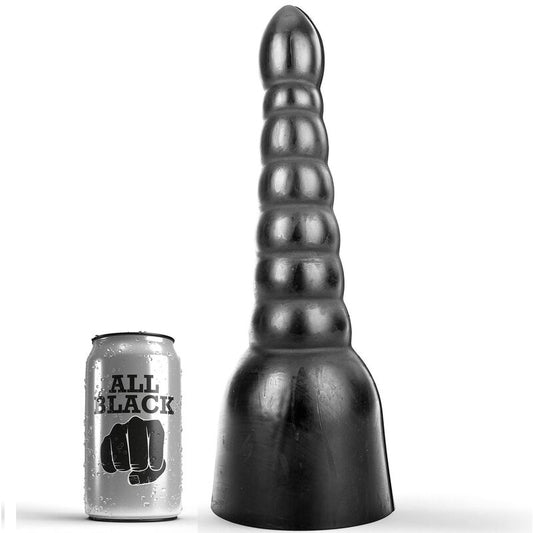 Dildo ALL BLACK Texturizado 34 CM em fundo preto, destacando suas ranhuras para estimulação.
