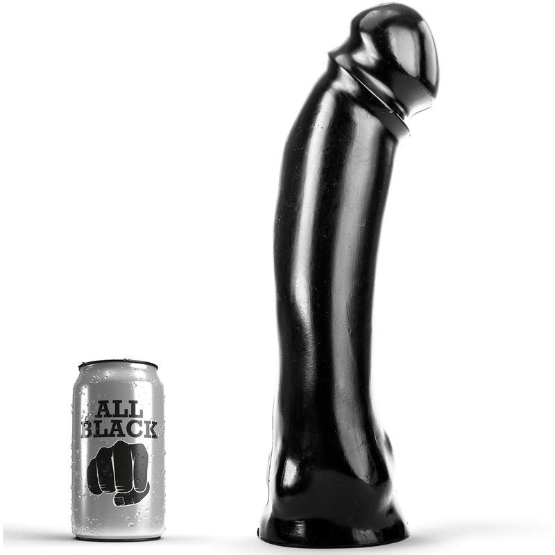 Close-up do Dildo Realista Extra Grande ALL BLACK 33 cm mostrando seu design elegante e tamanho imponente para uso dual.