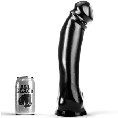 Close-up do Dildo Realista Extra Grande ALL BLACK 33 cm mostrando seu design elegante e tamanho imponente para uso dual.