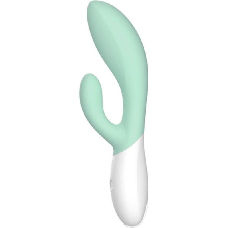 Close-up do LELO INA 3 Vibrador Coelho Verde Algas Marinhas, mostrando seu design ergonómico e silicone suave.
