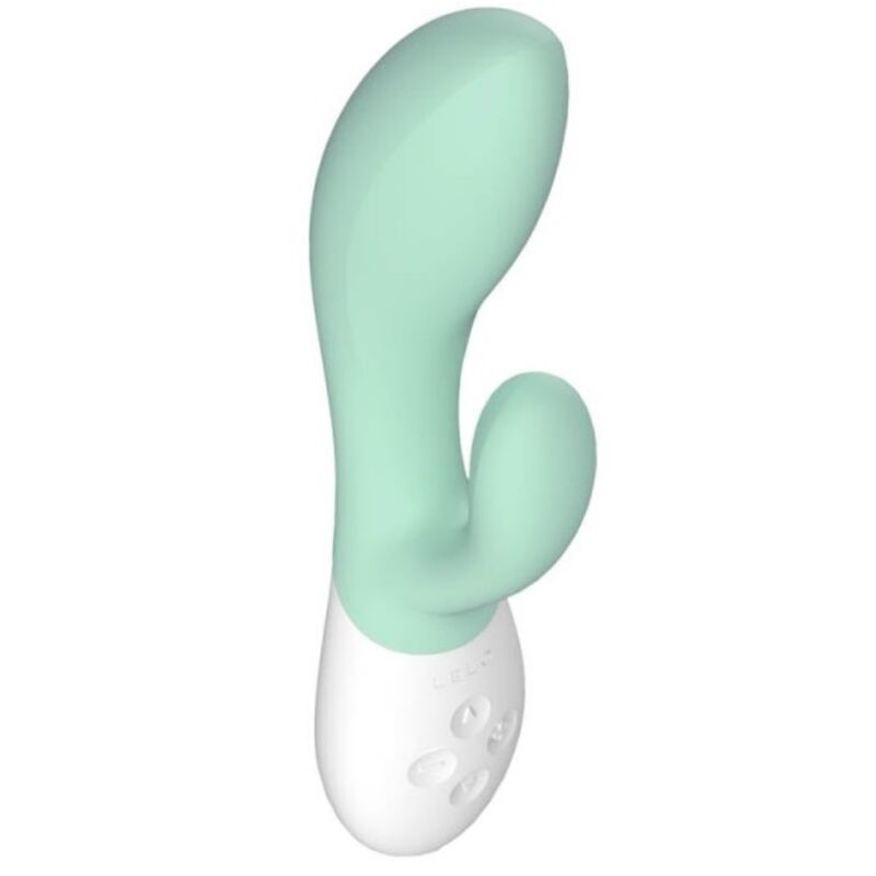 Close-up do LELO INA 3 Vibrador Coelho Verde Algas Marinhas, mostrando seu design ergonómico e silicone suave.