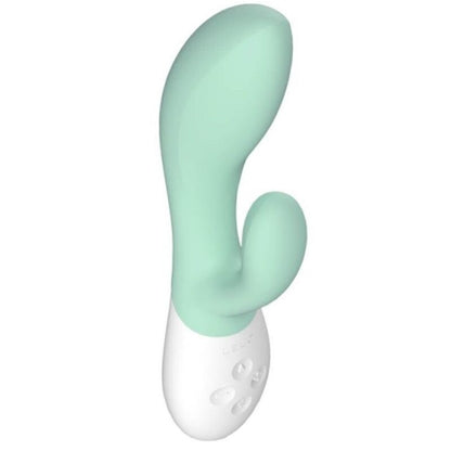 Close-up do LELO INA 3 Vibrador Coelho Verde Algas Marinhas, mostrando seu design ergonómico e silicone suave.