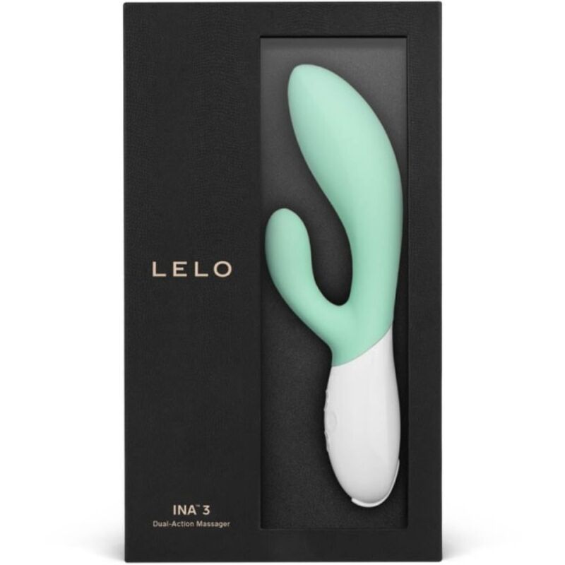 Close-up do LELO INA 3 Vibrador Coelho Verde Algas Marinhas, mostrando seu design ergonómico e silicone suave.