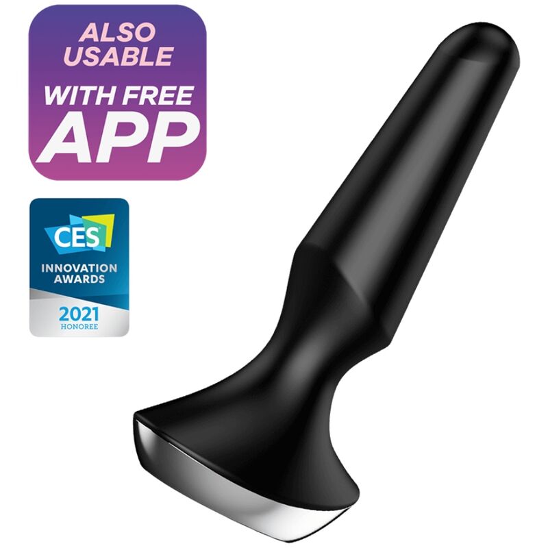 Imagem do Satisfyer Plug Anal Vibratório Plug-ilicious 2, exibindo o seu design ergonómico, cor preta e interface de controlo.