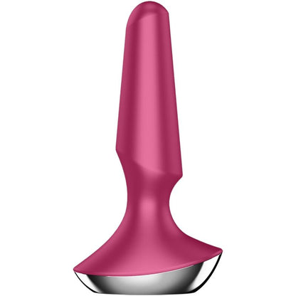 Close-up do Satisfyer Plug-ilicious 2 Vibrador Anal Dupla Estimulação, destacando seu design ergonómico em silicone berry e a base de segurança.