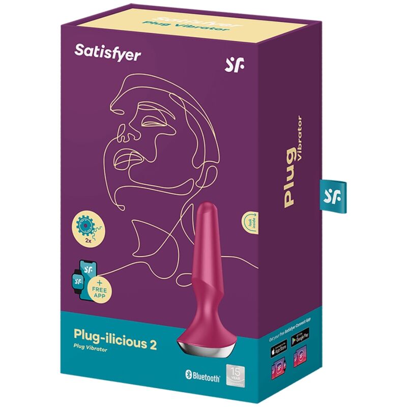 Close-up do Satisfyer Plug-ilicious 2 Vibrador Anal Dupla Estimulação, destacando seu design ergonómico em silicone berry e a base de segurança.