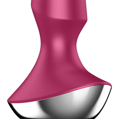 Close-up do Satisfyer Plug-ilicious 2 Vibrador Anal Dupla Estimulação, destacando seu design ergonómico em silicone berry e a base de segurança.