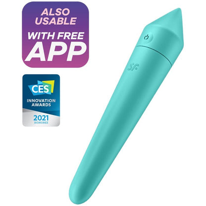 Close-up do vibrador Satisfyer Ultra Power Bullet 8 Turquesa, destacando seu design compacto e detalhes.