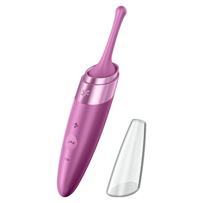 Close-up do Satisfyer Twirling Delight Roxo, um estimulador de clitóris com ponta oscilante e design ergonómico.