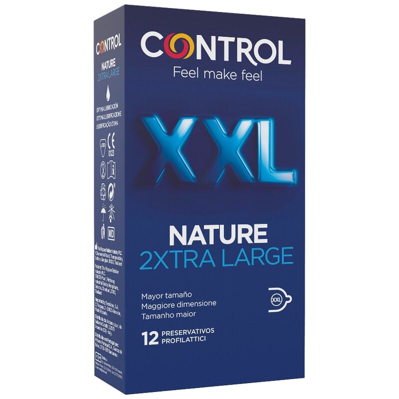 Embalagem dos Preservativos CONTROL Nature 2XTRA Grandes XXL, com 12 unidades, destacando o tamanho e a marca.