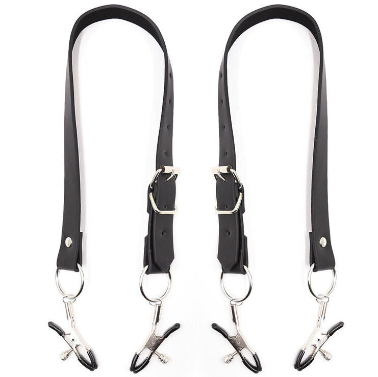 Ohmama Fetish Grampos de Clitóris com Alças de Pernas, detalhe do material PVC e ferro.