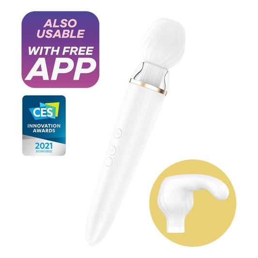 Satisfyer Double Wand-er branco, massageador com app e duas cabeças intercambiáveis para prazer versátil.