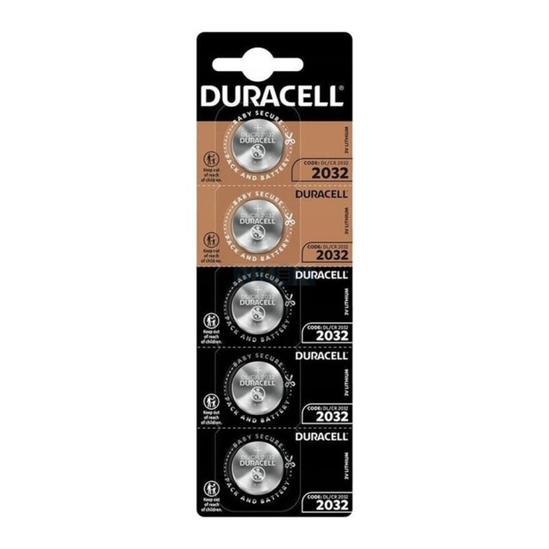 Close-up of Duracell CR2032 Lithium Button Batteries pack of 5.