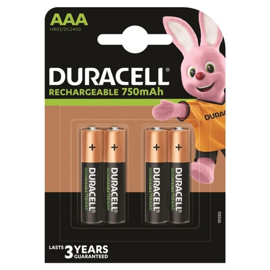 Pack de 4 pilhas recarregáveis DURACELL HR03 AAA 750mAh para dispositivos eletrónicos.